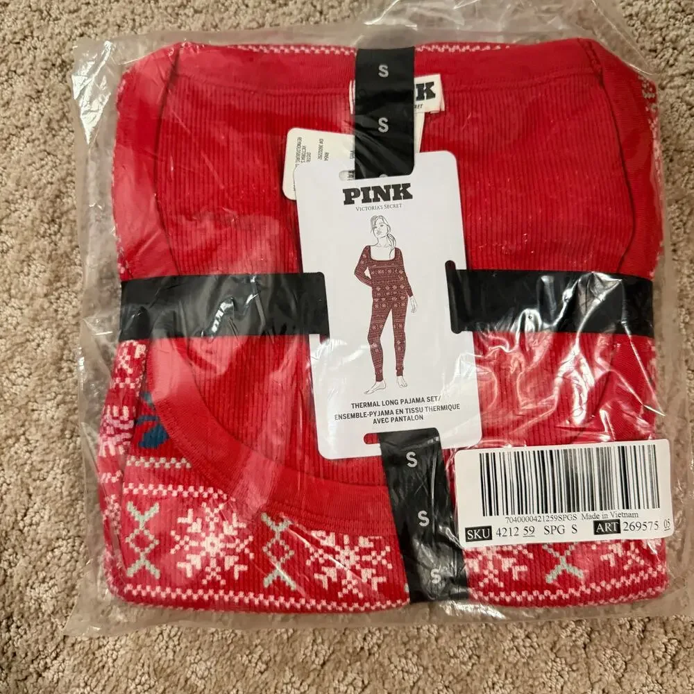 Victoria Secret PINK Thermal Long Pajama Set RED Bright Vermillion Print - SMALL - Picture 2 of 4
